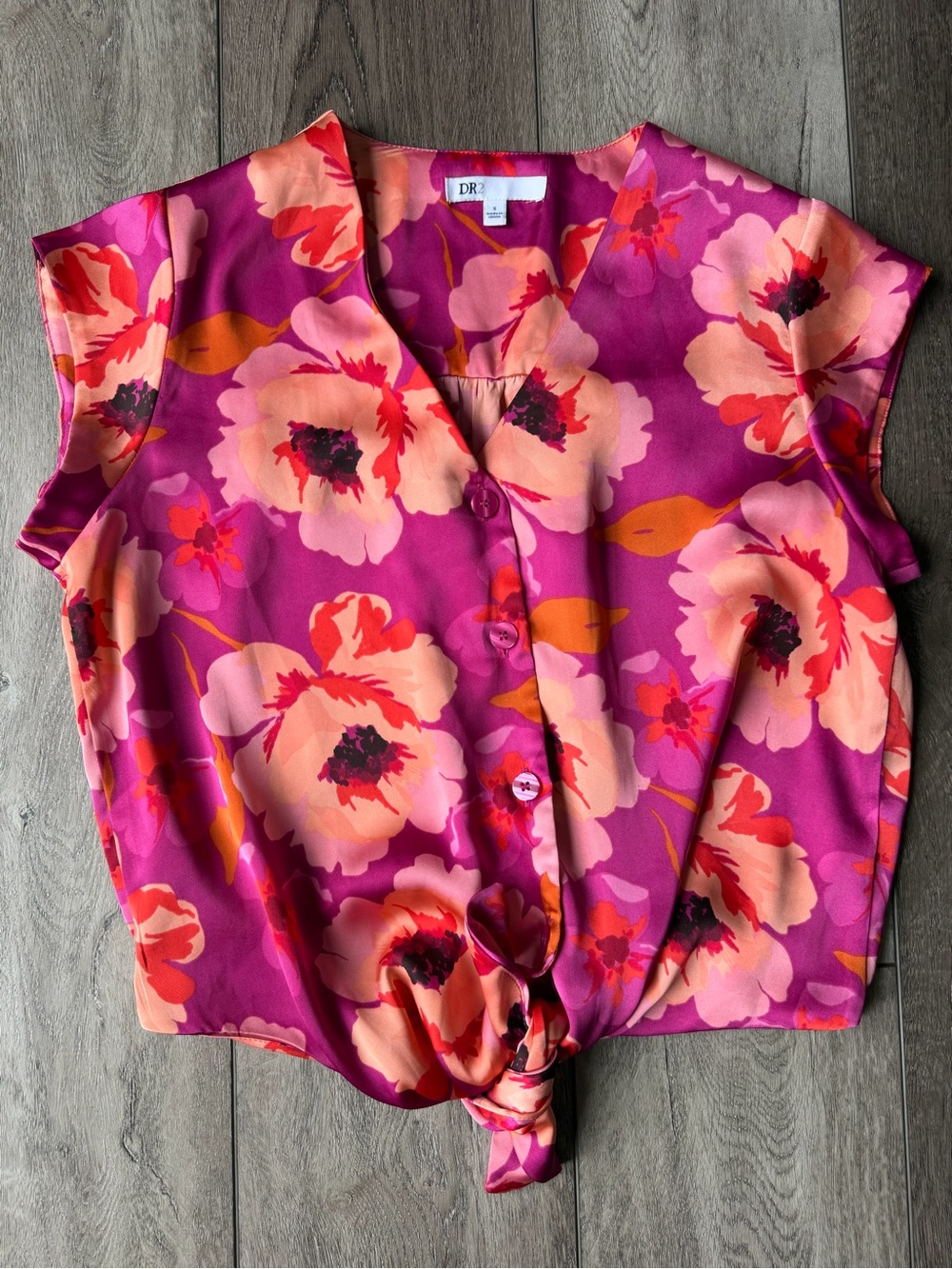 DR2 Vibrant Pink Floral Tie-Front Cap Sleeve Top (S) - Vacation Ready!